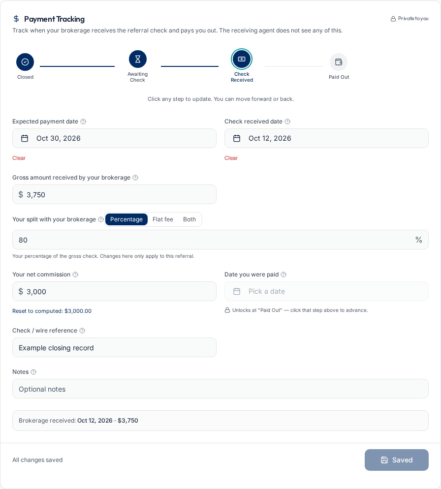 Realty Referral Tracker payment tracking screen with a fictional $3,750 check and $3,000 net commission.