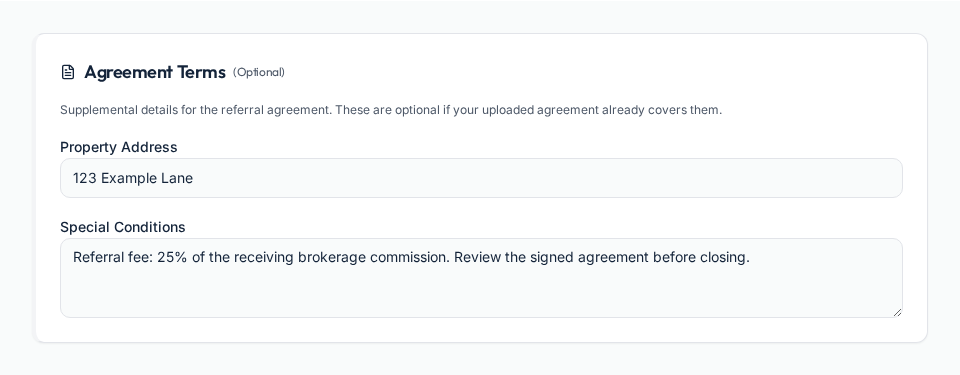 Agreement Terms screen with a fictional property address and a special condition about a negotiated referral fee.