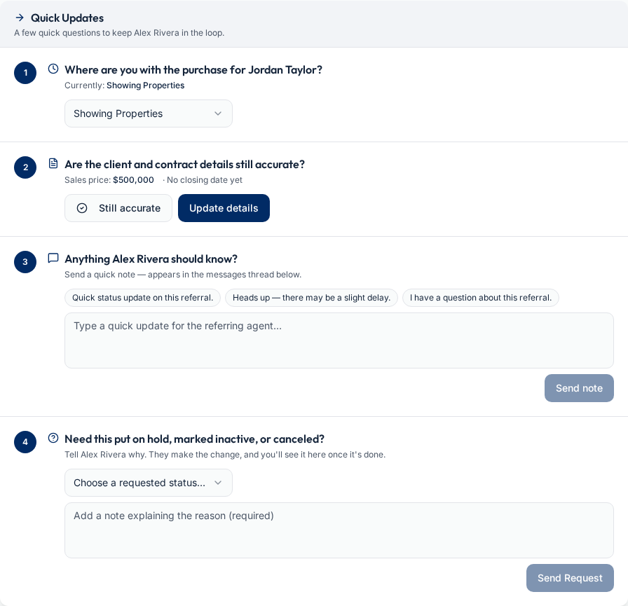 Receiving-agent Quick Updates portal showing buyer status, detail confirmation, notes, and a request to pause or cancel a fictional referral.